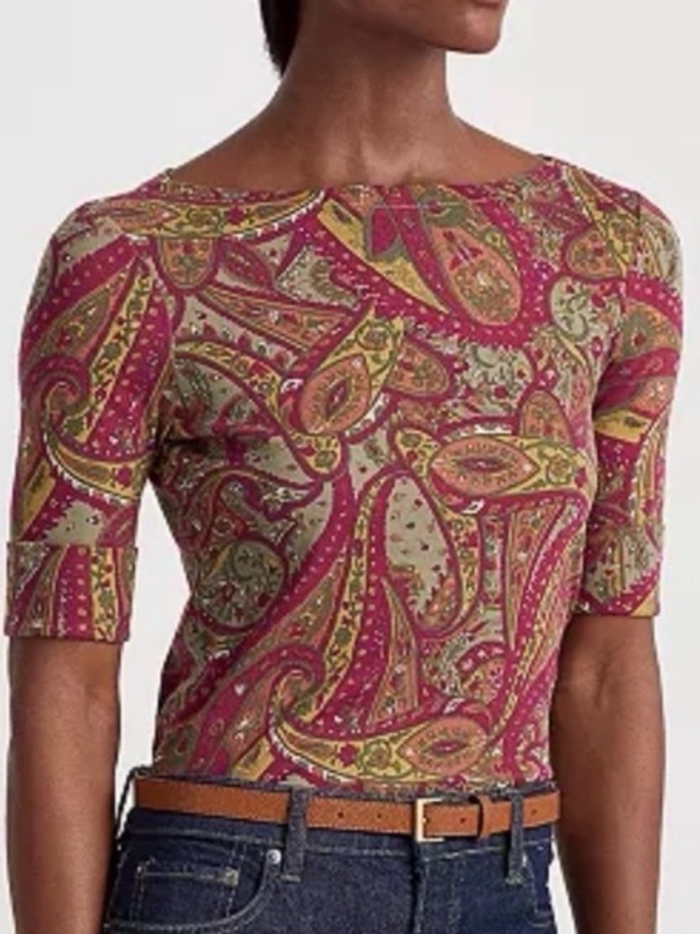 Lauren Ralph Lauren Top Jersey Paisley Stretch Cotton Boatneck Short Sleeves XL